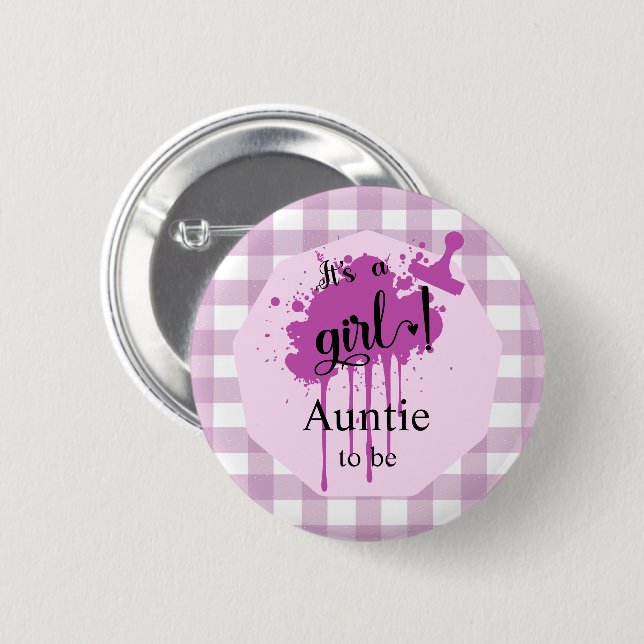 It's a Girl! Pastel Purple Gingham Auntie-to-be Button (Front & Back)