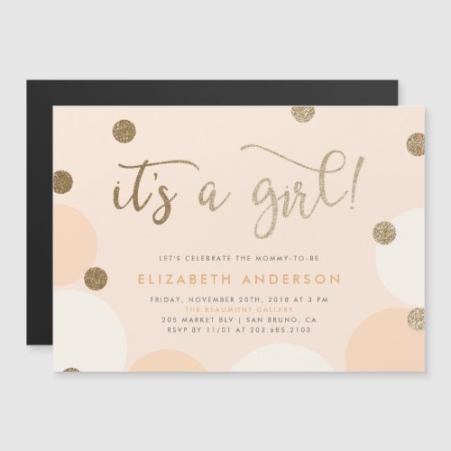 Its a Girl  Peach  Gold Confetti Baby Shower Magnetic Invitation