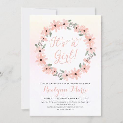 Its a Girl Peach Spring Blush Floral Baby Shower Invitation