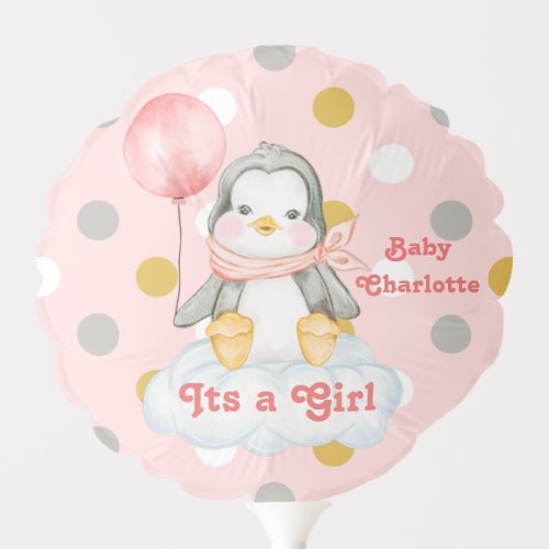 Its A Girl Penguin Baby Announcement Pink Balloon