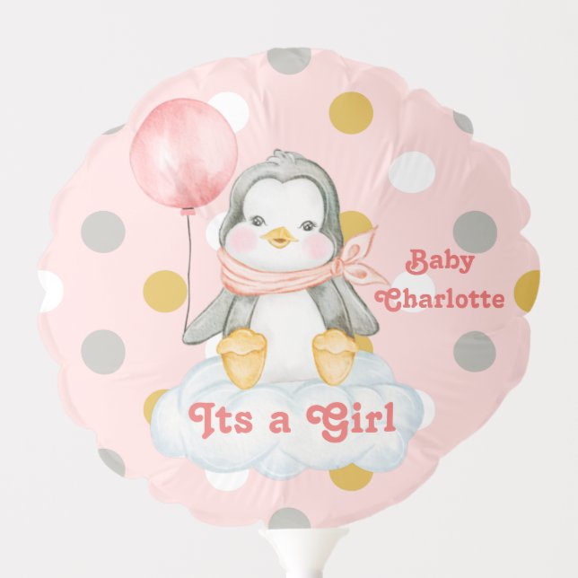 It's A Girl Penguin Baby Announcement Pink Balloon (Front)