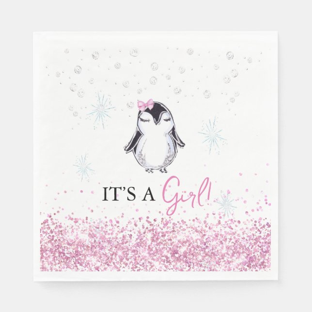 It's a Girl Penguin Winter Baby Shower Napkins (Front)