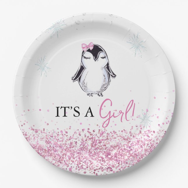 It's a Girl Penguin Winter Baby Shower Paper Plates (Front)