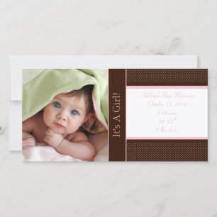 It's A Girl -Photo Card Stats Deep Brown Pink Dots