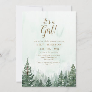 It's A Girl Pine Tree Forest Baby Shower Invitation