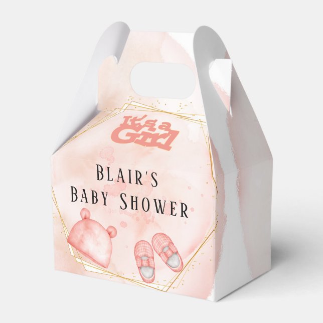 It's A Girl Pink and Gold Baby Shower Favor Box (Front Side)