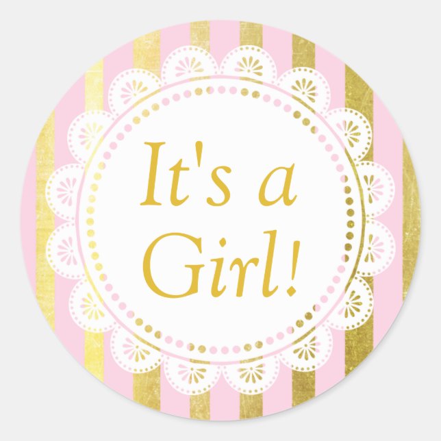 Its a Girl, Pink and Gold Baby Sticker (Front)
