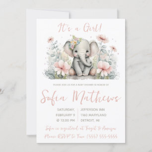 It's a Girl!  Pink and Gray Elephant Baby Shower Invitation