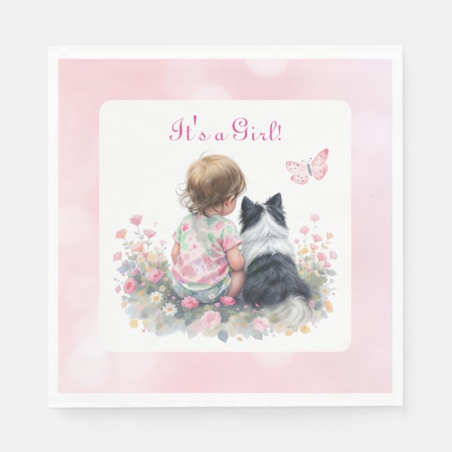 It's a Girl | Pink Baby and Puppy Baby Shower Napkins (Front)