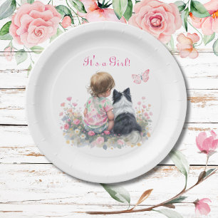 It's a Girl   Pink Baby and Puppy Baby Shower Paper Plates