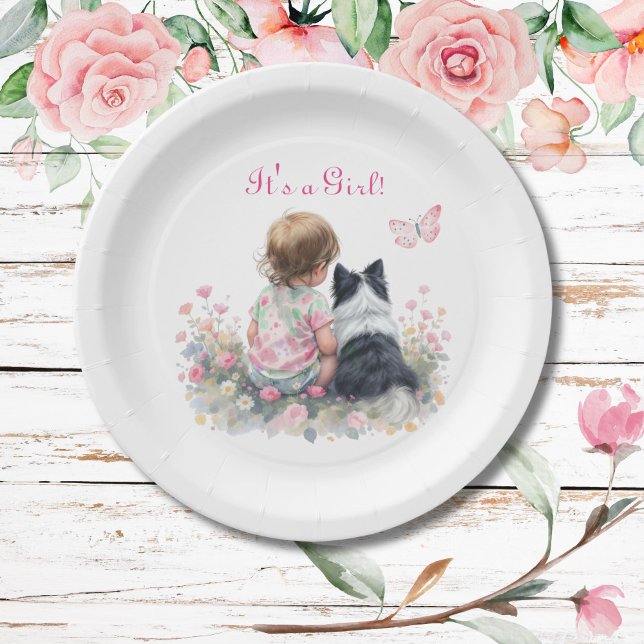 It's a Girl | Pink Baby and Puppy Baby Shower Paper Plates (Creator Uploaded)
