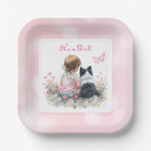 It's a Girl   Pink Baby and Puppy Baby Shower Paper Plates