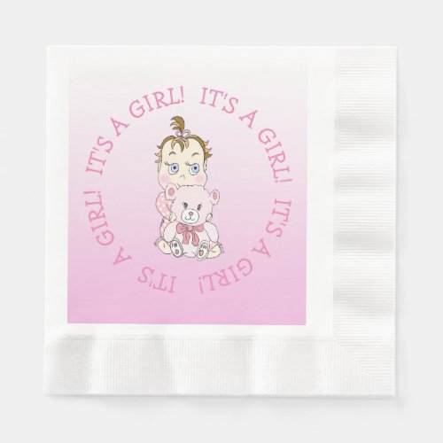 Its a Girl Pink Baby and Teddy Bear Baby Shower Napkins