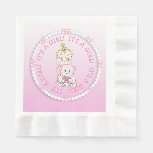 Its a Girl Pink Baby and Teddy Bear Baby Shower Napkins