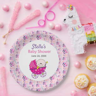 It's a Girl Pink Baby Carriage Baby Shower Paper P Plates