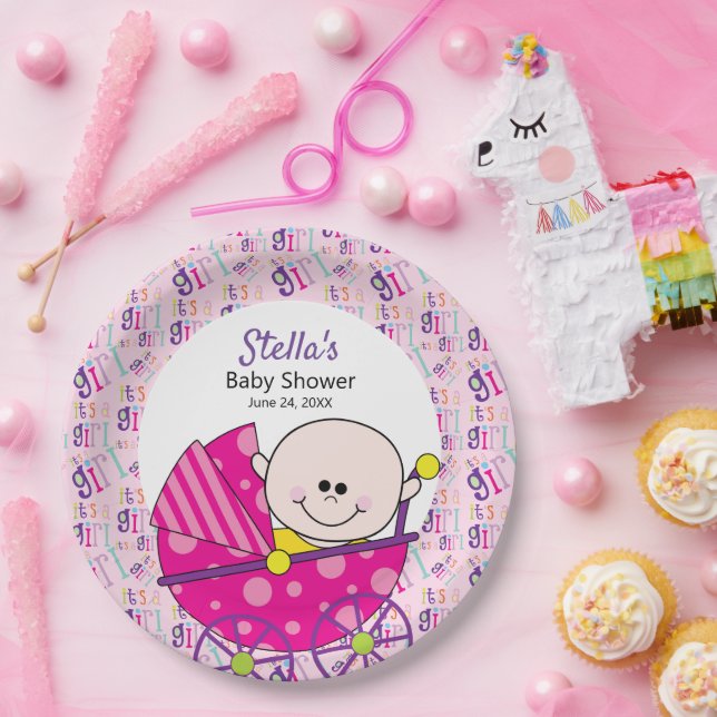 It's a Girl Pink Baby Carriage Baby Shower Paper Plates (Party)
