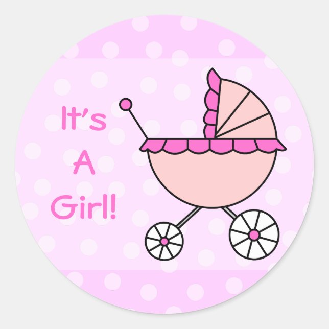 It's A Girl! Pink Baby Carriage Classic Round Sticker (Front)