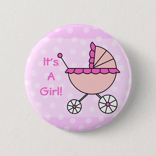 It's A Girl! Pink Baby Carriage Pinback Button (Front)