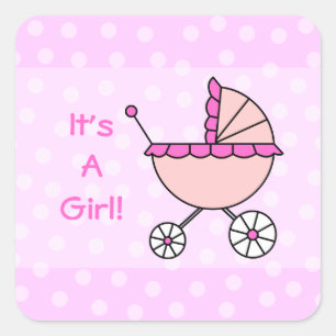 It's A Girl! Pink Baby Carriage Square Sticker