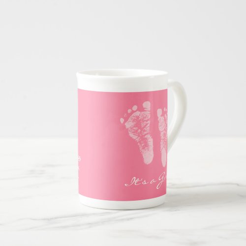 Its a Girl Pink Baby Footprints Birth Announcement Bone China Mug