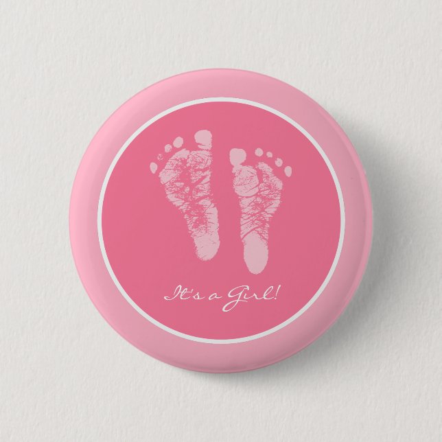 Its a Girl Pink Baby Footprints Birth Announcement Button (Front)