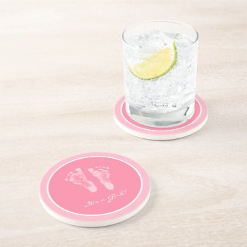 Its A Girl Pink Baby Footprints Birth Announcement Drink Coaster by PhotographyTKDesigns at Zazzle