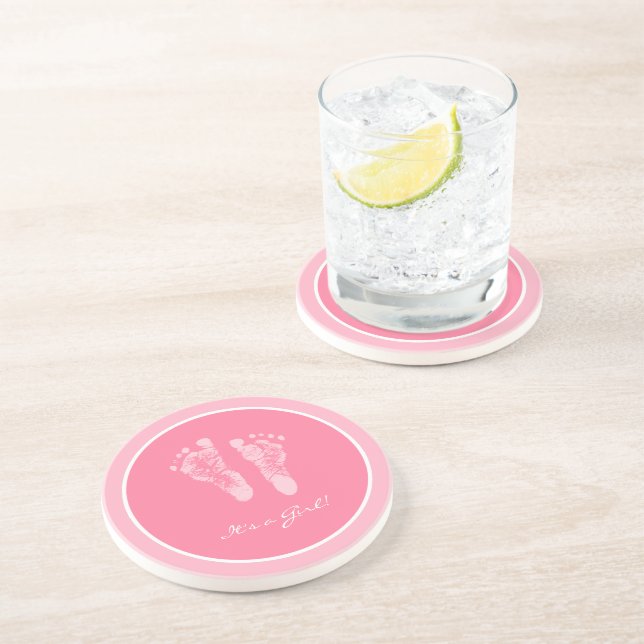 Its a Girl Pink Baby Footprints Birth Announcement Drink Coaster (Side)
