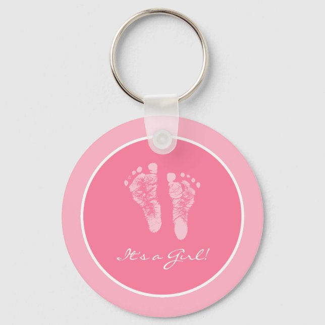 Its a Girl Pink Baby Footprints Birth Announcement Keychain (Front)