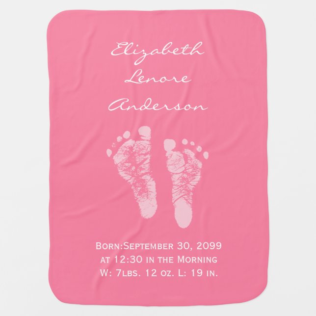 Its a Girl Pink Baby Footprints Birth Announcement Receiving Blanket (Front)