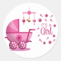 Pink Baby Girl Carriage Baby Shower Stickers, Zazzle.com