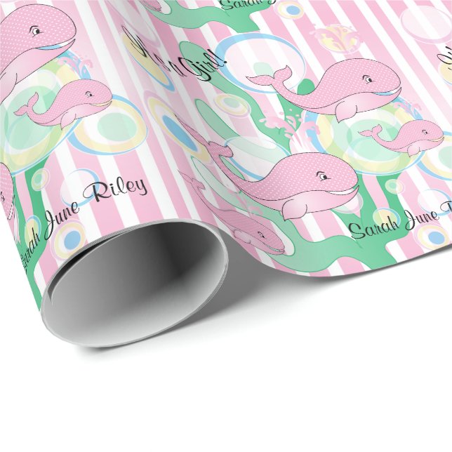 It's a Girl Pink Baby Whales Wrapping Paper (Roll Corner)