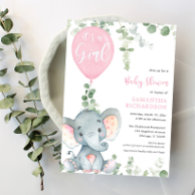 It's a girl pink balloon cute elephant baby shower invitation