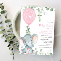 It's a girl pink balloon cute elephant baby shower