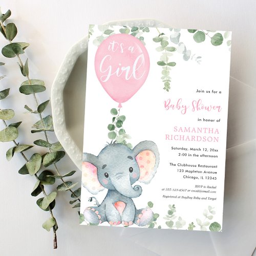Its a girl pink balloon cute elephant baby shower invitation
