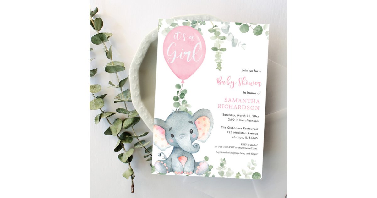 It's a girl pink balloon cute elephant baby shower invitation | Zazzle