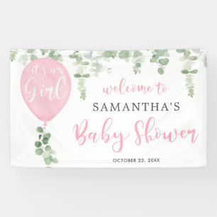 It's a girl pink balloon eucalyptus baby shower banner