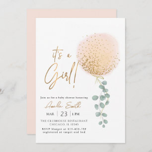 It's A Girl pink Balloon Eucalyptus Baby Shower Invitation