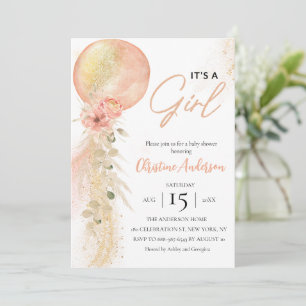 It's a Girl Pink Balloon Eucalyptus baby shower Invitation