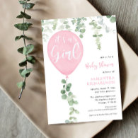 It's a girl pink balloon eucalyptus baby shower invitation