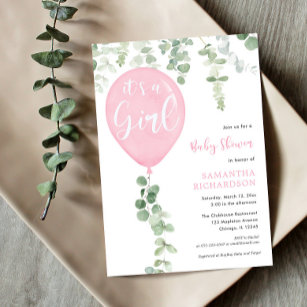 It's a girl pink balloon eucalyptus baby shower invitation