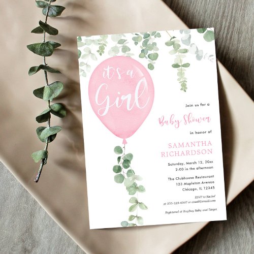 Its a girl pink balloon eucalyptus baby shower invitation