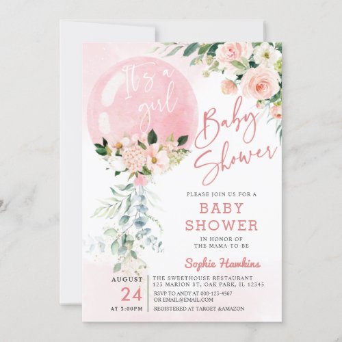 Its a Girl Pink Balloon Eucalyptus Baby Shower Invitation