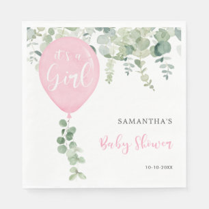 It's a girl pink balloon girl baby shower greenery napkins