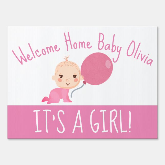 It's A Girl Pink Balloon Welcome Home Yard Sign (Front)