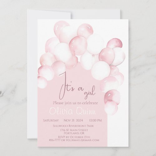 Its a girl pink balloons arch baby shower invitation