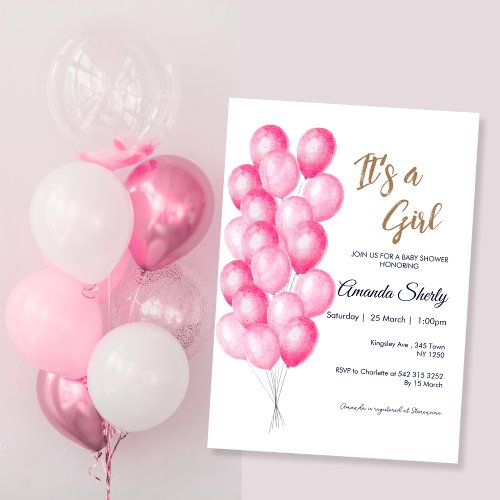 Its a Girl Pink Balloons Baby Shower Invitation