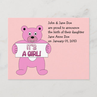 It's A Girl Pink Bear Announcement Postcard