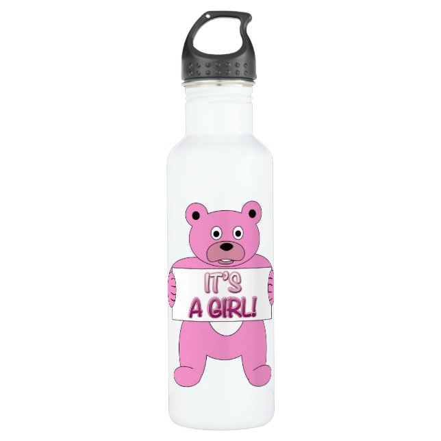 It's A Girl Pink Bear Stainless Steel Water Bottle (Front)
