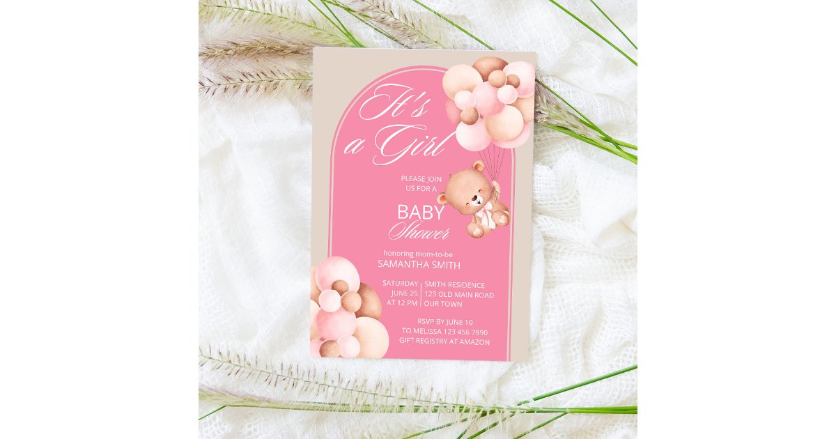 It's a girl pink beige balloons teddy bear arch invitation | Zazzle