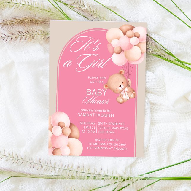 It's a girl pink beige balloons teddy bear arch  invitation (Creator Uploaded)